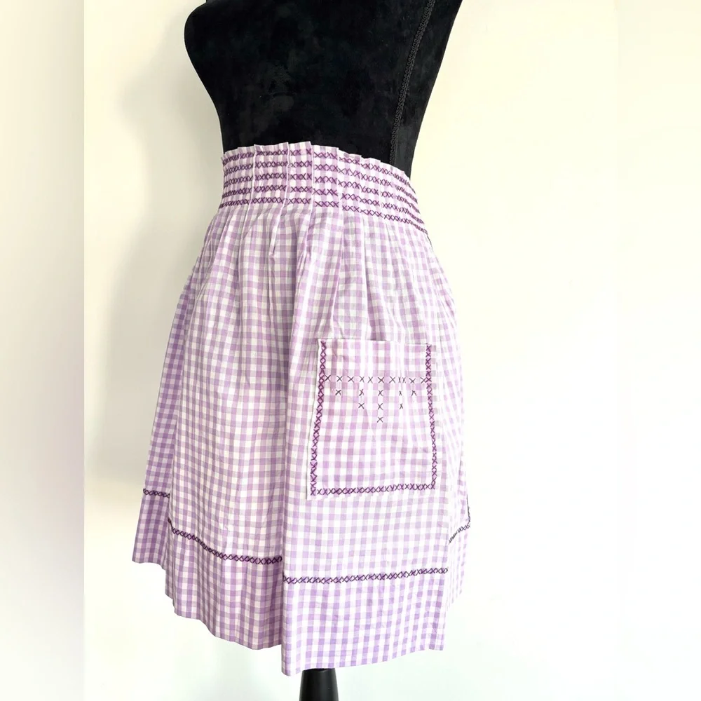 Vintage Handmade Apron Purple Gingham Tie Back , Pocket Cross Stitch Detailing